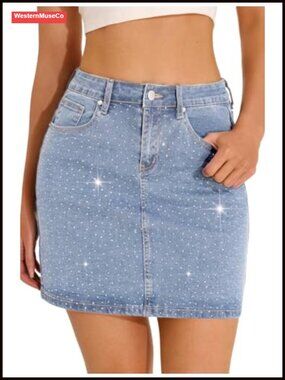 Rhinestone Denim Mini Skirt Stretchy High Rise Bodycon Y2K Sparkle Jean Skirt